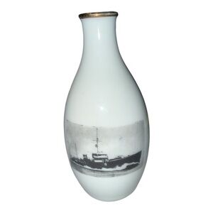 Vintage Japanese Porcelain Sake Bottle w/Steam Ship Transfer Art EUC